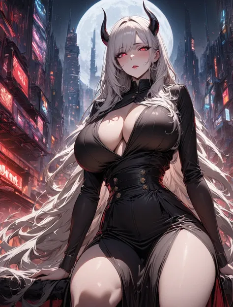 Masterpiece, very detailed, ultra detailed, one, (1 woman), she is in an ancient black military uniform, and in an elegant position, super mature, tall, milf style, mature mother, super long hair, bright white hair, super snow-white hair and straight bangs...