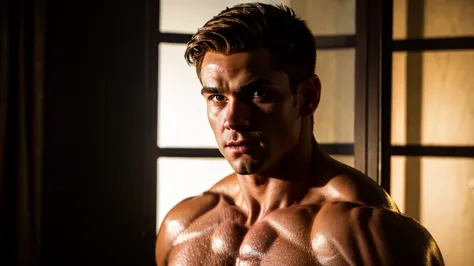 muscular shirtless Bobby Drake, X-Men, detailed facial features, brown hair, brown eyes, realistic lighting, cinematic, dramatic pose, high quality, 8K, photorealistic, chiaroscuro lighting, moody atmosphere, deep shadows, hyper-detailed skin, veiny muscul...