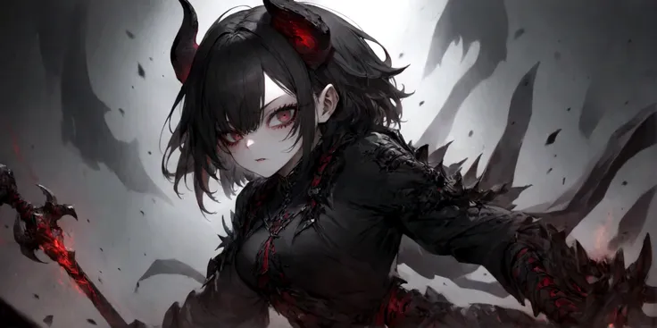 demon girl, close up, black heavy detailed clothes, art, dark and malevolent,armor, powerful and intimidating, (masterpiece, bes...