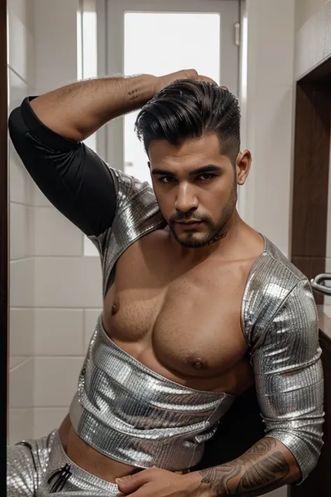 Foto real beleza masculina moda roupa preta moderna glamour luxo show alta costura homen latino atletico pedrarias brilho 