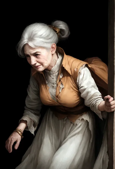 Elderly woman, diseuse de bonne aventure,even torn clothes, dry skin, be in a hurry,All dark backgrounds, battu, Realistic, 8k