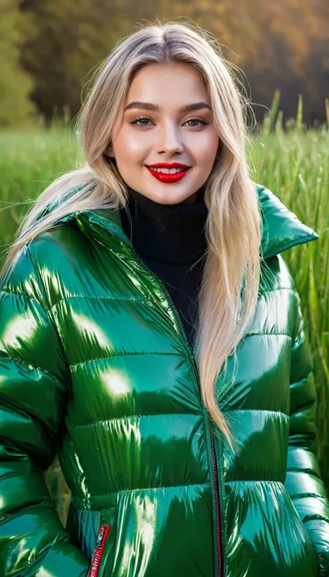 hyperrealistic beautiful busty 19-year-old woman with long legs wearing casual winter outfit with shiny grass green vinyl puffer coat, model shooting full body photography, bleached blonde very long straight hair, soaky wet skin, dark eye makeup with eyeli...