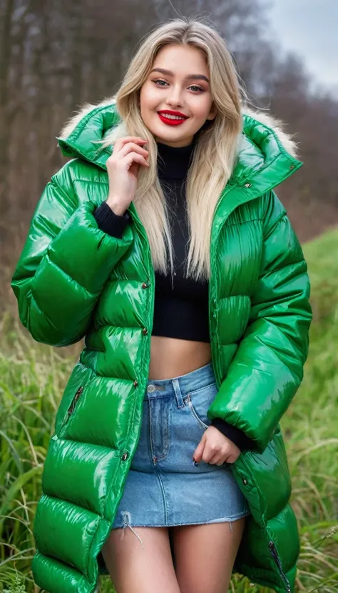 hyperrealistic beautiful busty 19-year-old woman with long legs wearing casual winter outfit with shiny grass green vinyl puffer coat, model shooting full body photography, bleached blonde very long straight hair, soaky wet skin, dark eye makeup with eyeli...