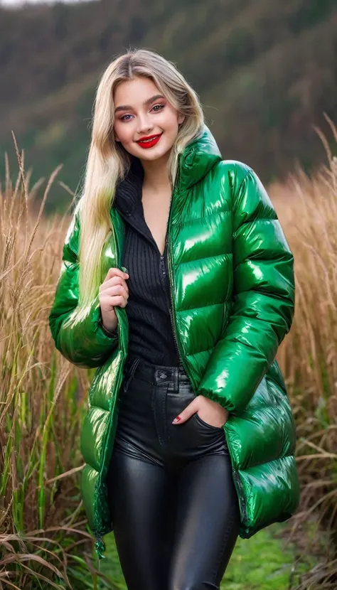 hyperrealistic beautiful busty 19-year-old woman with long legs wearing casual winter outfit with shiny grass green vinyl puffer coat, model shooting full body photography, bleached blonde very long straight hair, soaky wet skin, dark eye makeup with eyeli...