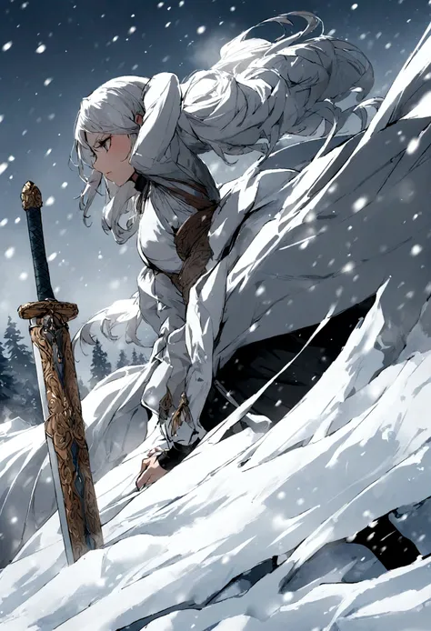 swordswoman,1 Girl,snow,winter,sword,