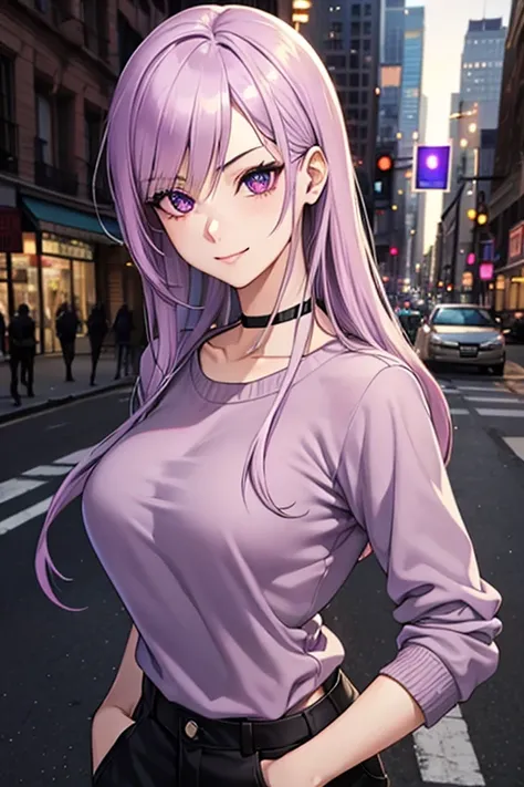 Anime realism style, 20-year-old girl, light purple hair, long slightly waved, purple eyes, sharp eyes, eyeliner, seductive smile, pale skin, extremely beautiful, purple sweater, black cargo pants, choker, on New York City streets. (best quality, highres, ...