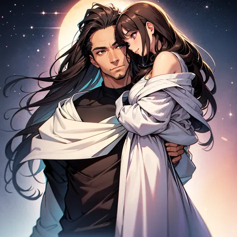 A masculine man and a beautiful  women looking up at eachother lovingly. The girl has long dark hair 