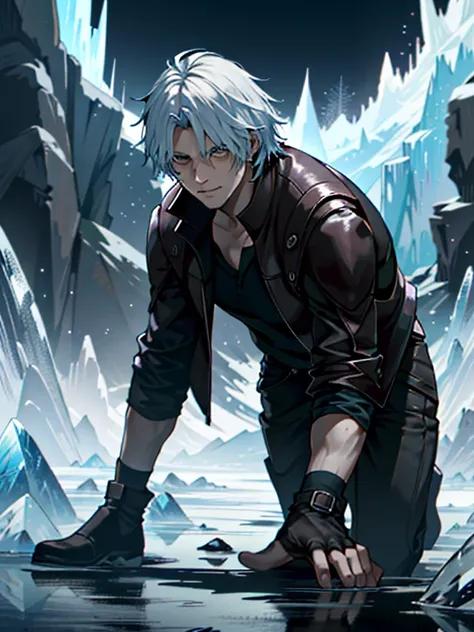 ((ultra detallado, obra maestra, absurdos))
DMC5Dante, 1 chico, solo, cabello corto, pelo blanco, Ice castle in a frozen wasteland, cristales de hielo brillantes,  (luchar), emanando una presencia real