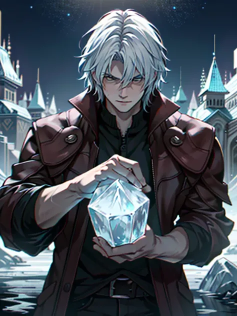 ((ultra detallado, obra maestra, absurdos))
DMC5Dante, 1 chico, solo, cabello corto, pelo blanco, Ice castle in a frozen wasteland, cristales de hielo brillantes,  (luchar), emanando una presencia real