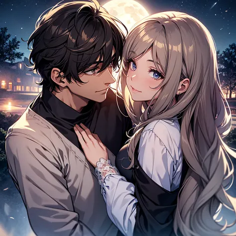 A masculine man and a beautiful  women looking up at eachother lovingly. The girl has long dark hair surrounded by soft moonlight