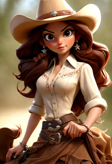 (Best quality, high resolution: 1.2), Ultra-detailed, (Realistic: 1.37) brunette, médium brown hair, brown eyes, small cheast, 30 years, full body, whith a skirt and shirt cowgirl style