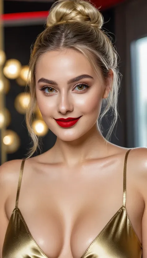 hyperrealistic beautiful busty 19-year-old woman with long legs wearing gold satin romper, model shooting full body photography, bleached blonde very long straight updo hair, soaky wet skin, dark eye makeup with eyeliner, seductive smile, red lips, 8K, Bes...