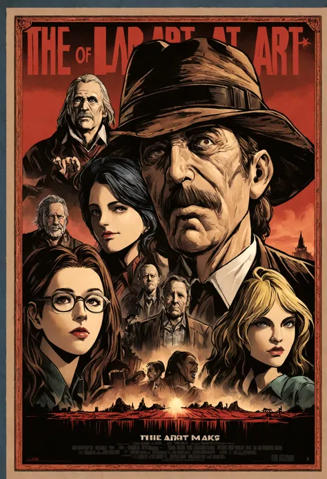 poster depicting Freddy Krueger above some people including a blond girl, a man with glasses, an older man, , detailed 4k horror artwork, The Art of Cinemawork, blockbuster The Art of Cinema, inspired by John Carpenter, Movie poster, The Art of Cinema, Ill...