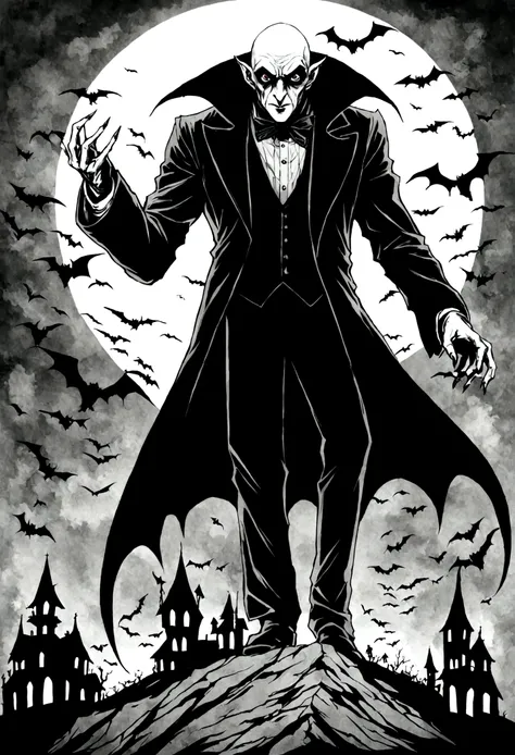 Count Orlok, evil, horror, gothic, black and white, inks, in the style of Shawn Coss