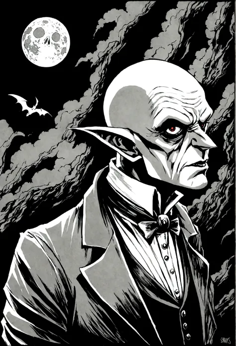 Count Orlok, evil, horror, gothic, black and white, inks, in the style of Shawn Coss