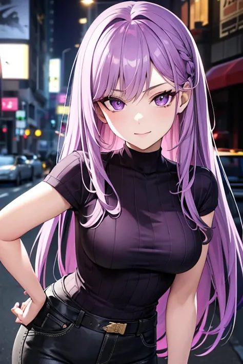 Anime realism style, 20-year-old girl, light purple hair, long slightly waved and combed to one side, purple eyes, sharp eyes, eyeliner, seductive smile, pale skin, extremely beautiful, purple sweater, black cargo pants, choker, on New York City streets. (...