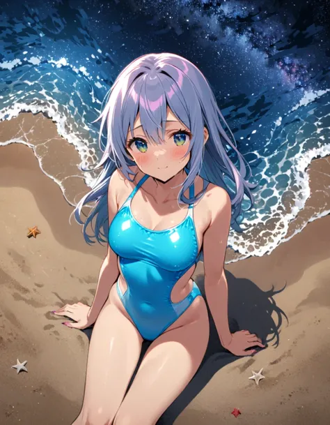 girl sitting on the beach in a neon swimsuit, on a beautiful starry night-ar 3:4 - Niji 6