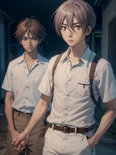 ayumu aikawa, cabello corto, Pelo gris, (Brown eyes:1.3), male focus,
ROMPER cabello corto, camisa abierta, white camisa, collared camisa, pantalones,
ROMPER outdoor, graveyard,
ROMPER looking at viewer, (tiro de vaquero:1.5),
ROMPER (obra maestra:1.2), me...