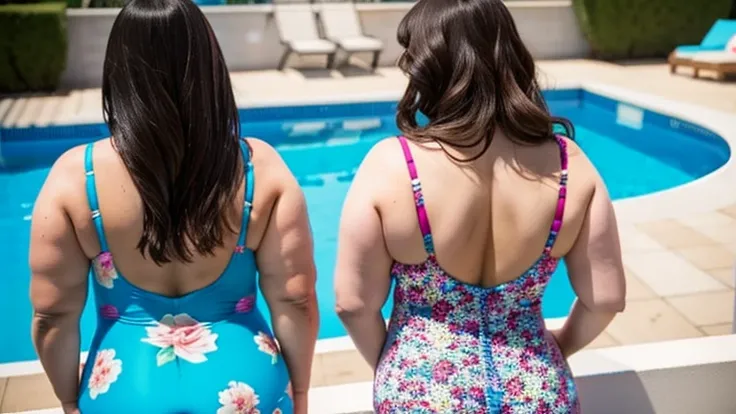 fat ssbbw curvy bottom heavy pear shaped wide hiped british women, 30 brunette, they are standing together near the pool, they are wearing floral one piece, swimsuits , view from behind