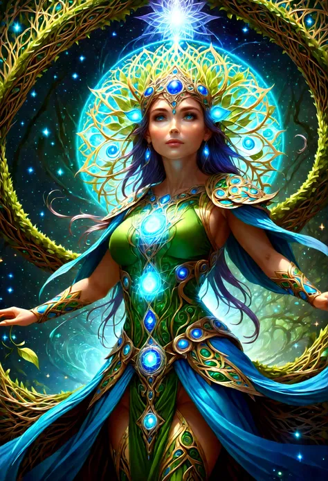 high details, best quality, 16k, [ultra detailed], masterpiece, (extremely detailed), dynamic angle, photorealistic, ((fantasy art)), d&d art, rpg art, realistic art, female human druid of the stars, guardian of nature, controlling magical energy made of s...