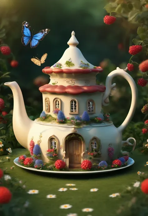 A fairytale house in the shape of a teapot on a plate stands in the middle of a flower lawn. Berries and flowers on a plate near the teapot. A butterfly flies over the house.