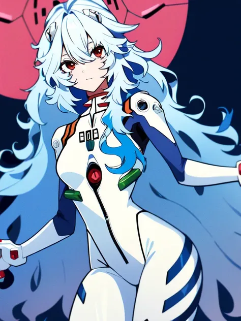 absurdres, best quality, 1girl, solo, looking at viewer, eye focus,  rei_evangelion, light blue hair, red eyes, long hair, absurdly long hair, kinky hair, curly hair, plugsuit, pilot suit, interface headset, white bodysuit, white pilot suit, white plugsuit...