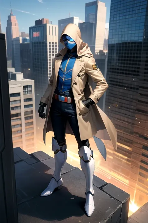 ((best quality)), ((masterpiece)), (detailed), 1 boy in a trench coat standing on a building, full body, 19 years old, masked, face hidden, white mask covering his entire head and hair, swimming goggles, blue eyes, face mask, tall and slender, long beige t...