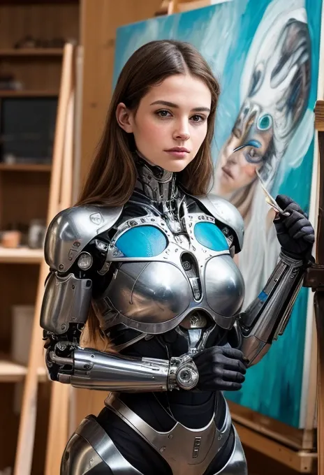 A cyborg girl stands in the center of a large bright studio and is engaged in creating her self-portrait on canvas. She is depicted in all her majestic beauty and elegance. Her metallic skin reflects the light, creating a play of hues and highlights like a...