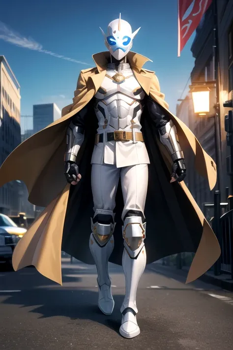 ((best quality)), ((masterpiece)), (detailed), 1 boy in a trench coat standing on a building, full body, 19 years old, masked, white mask covering his entire head and hair, black swimming goggles, blue eyes, black face mask, no hair, tall and slender, thin...