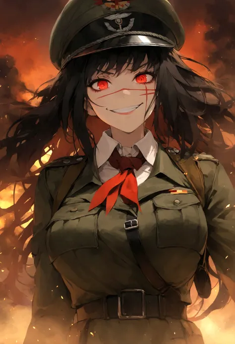 girl, yoru, wwii german military uniform, evil smile, piercing red eyes, ringed eyes, open jacket ,large breast, military hat