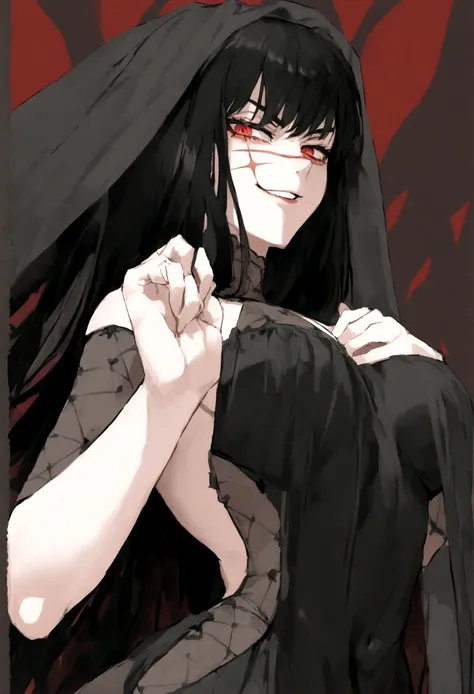 yoru, woman, veiled clothes, volumptious body, long black hair, alluring pose, evil smile,