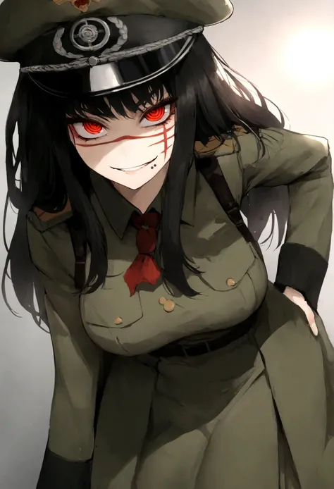 girl, yoru, wwii german military uniform, evil smile, piercing red eyes, ringed eyes, open coat,large breast, military hat, volu...