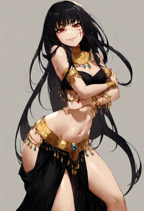 yoru, woman, egyptian style clothes, belly dancer outfit,volumptious body, long black hair, alluring pose, evil smile, leaning t...