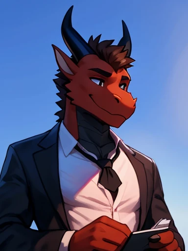 jonathan, 
((a red scale body and black chest male dragon with brown hair and black eyes and black horns)) ,pose and has a brown...