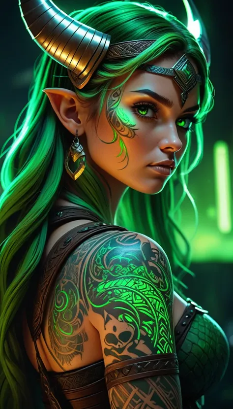 a hyper-realistic image featuring a viking woman adorned with glowing green tattoos, showcasing accurate furry anatomy and intri...