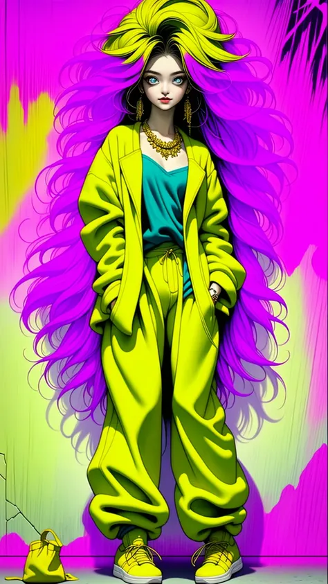 ((long shot, full body: 1.6)), purple: 1.5, orange: 1.1, green: 1.3, white: 1.3, yellow: 1.3, (rapper girl with scary hair, high...