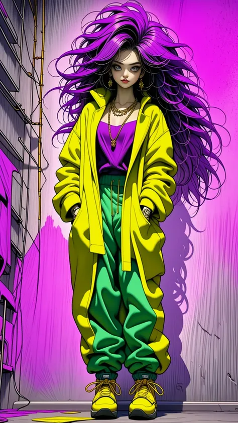 ((long shot, full body: 1.6)), purple: 1.5, orange: 1.1, green: 1.3, White: 1.3, yellow: 1.3, (rapper girl with scary hair, highly detailed eyes and body and beautiful baggy and baggy clothes :1.6), tattoos, (walls with Graffiti: 1.2), flower, Leaves, born...