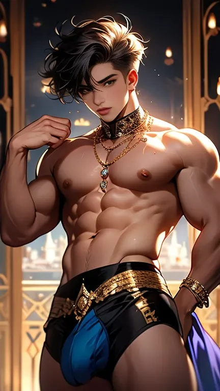 A handsome boy, 17 years old, athletic build, ideal body, aesthetically beautiful, erotically tempting, seducing, offering himself With a beautiful sexy tango panti With round perfect buttocks, muscular, sweaty after a workout, In a Venetian mask with peac...