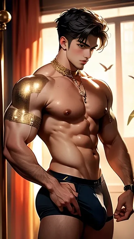 A handsome boy, 17 years old, athletic build, ideal body, aesthetically beautiful, erotically tempting, seducing, offering himself With a beautiful sexy tango panti With round perfect buttocks, muscular, sweaty after a workout, In a Venetian mask with peac...