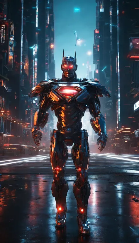 A cyborg superman flying through a futuristic city, advanced technology belonging to the huge corporation, glowing cybernetic implants, dramatic lighting, cinematic camera angle, hyper-detailed, photorealistic, 8k, HDR, seamless integration of man and mach...