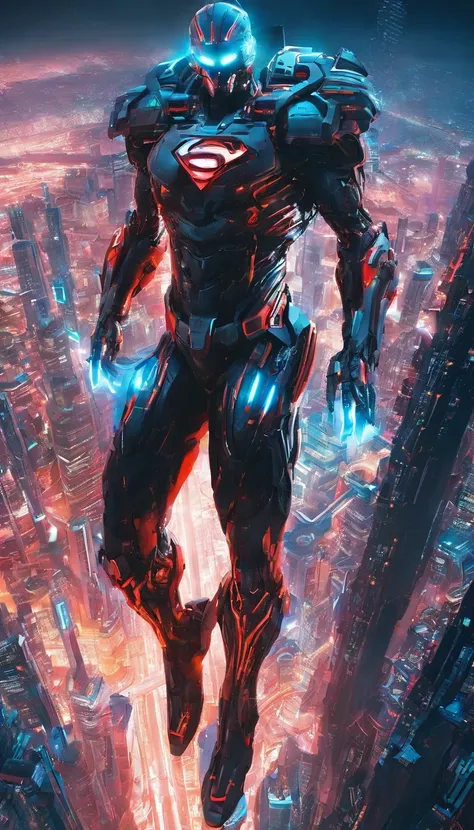 A cyborg superman flying through a futuristic city, advanced technology belonging to the huge corporation, glowing cybernetic implants, dramatic lighting, cinematic camera angle, hyper-detailed, photorealistic, 8k, HDR, seamless integration of man and mach...