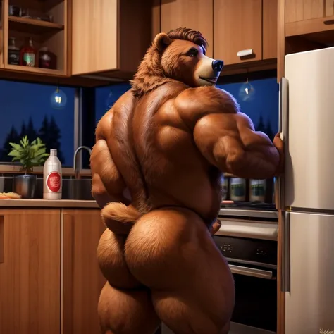 anthro bear, male, adult, muscles, brown fur, brown hair, tail, hungry, in the kitchen, messy kitchen, opening the fridge, raiding the fridge, eating burgers at fridge, buffed body, tail, sexy, beefy body, furred body, furry chest hair, realistic, full bod...