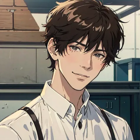 1man, face focus, realism, short brown hair, gray eyes, beauty marks, smirking, bangs covering face, pale skin, adult male, anime bangs, very short hair, only face, only head , messy hair, long messy fringe, eyes behind fringe,