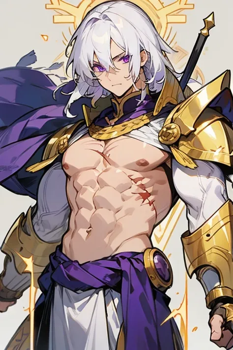 Muscular 30 year old man white hair purple eyes golden armor with scars