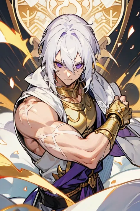 Muscular 30 year old man white hair purple eyes golden armor with scars