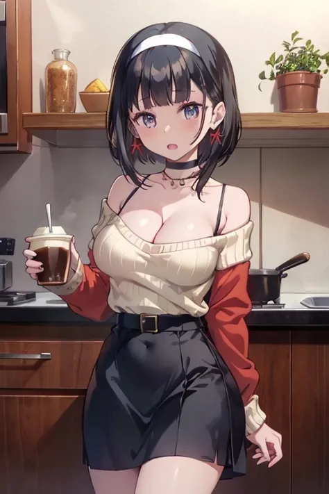 masterpiece, yor, 1girl, Amazing Cleavage:1.3, thin waist, big ass, Raised sexy, medium breast: 1.8 posed cleavage:1.2、solo, looking at viewer, open mouth, have a cup of coffee,black hair, red eyes, dress, bare shoulders, jewelry, collarbone, sidelocks, ha...