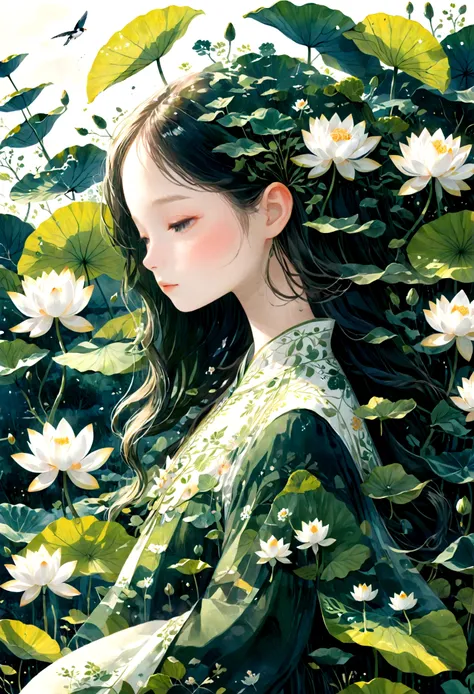    Double exposure flat vector of a beautiful and detailed girl with long hair wearing Chinese Hanfu(Face clear, beautiful and perfect)Image ( perfect解剖结构 ) ，The background is huge white lotus flowers and huge lotus leaves(Translucent white lotus lotus lea...