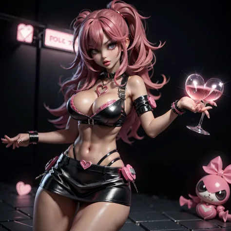 A beautiful stunning sexy gal holding a glass heart at her waist containing small pink paper hearts, wearing black and pink mini skirt, pink bikini, punk gal attitude, sexy chick, punk Harajuku style, neon red hair, full front view facing the camera, 8k re...