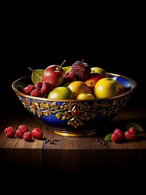 detailed oil painting of a bowl of fruits, highly detailed and lifelike fruits, realistic textures, vibrant colors, dramatic lighting, high contrast, intricate details, photorealistic, masterpiece, 8k, best quality, ultra-detailed, hyper-realistic, studio ...