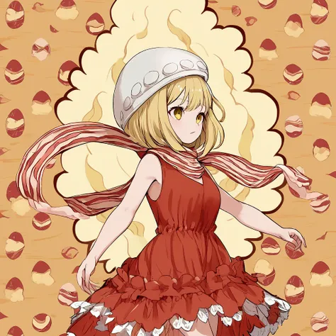 feminine girl, pale yellow hair, dress like pasta, hat that looks like an egg, bacon pattern scarf, Flying carbonara background